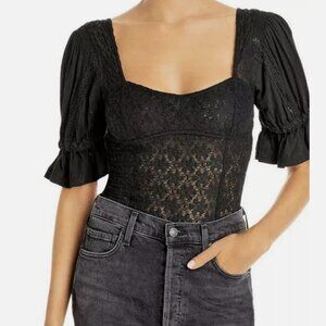 free people spring fling black blouse peasant puff sleeve sweetheart neck lace